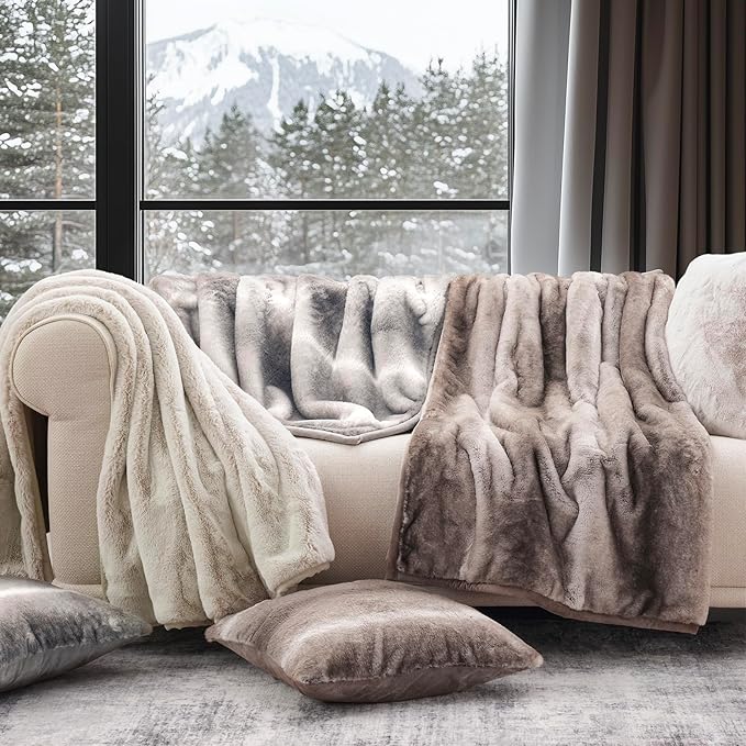 Ultra Soft Luxury Fluffy Mink Faux Fur Throw Blanket, Thick Warm Fall Winter Blankets for Bed, Couch, Cozy Plush Reversible Blanket for Chair, Sofa (Ombré Silver Onyx, 60"x80")