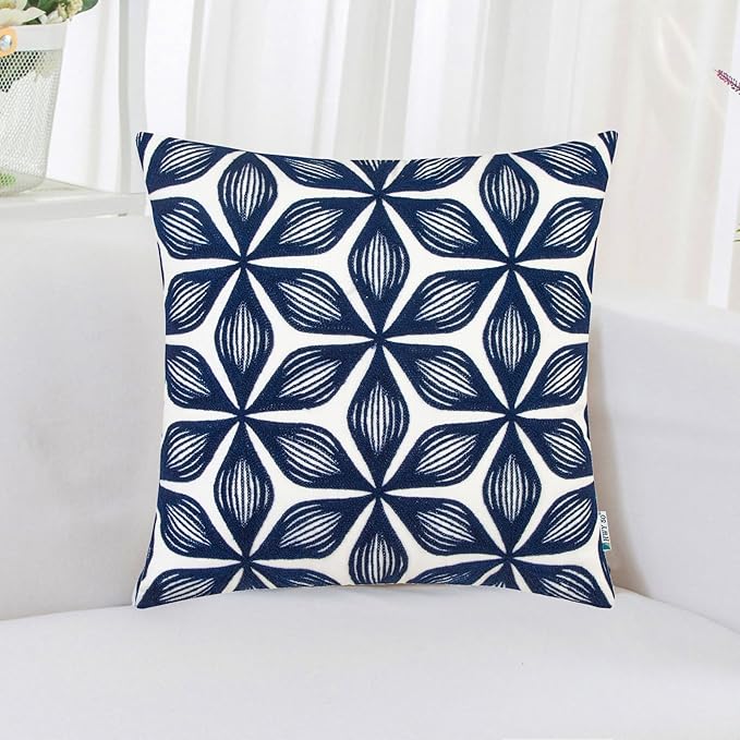 HWY 50 Navy Blue Decorative Throw Pillow Covers 18x18 Inch (1 Piece), Embroidered Cotton Farmhouse Cushion Cover Pillow Case for Sofa Couch Living Room Bed, Fashion Geometric