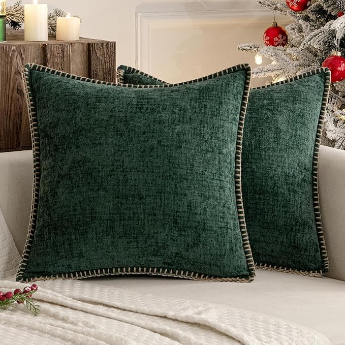 MIULEE Pack of 2 Christmas Pillow Covers 18x18 Inch Dark Green Farmhouse Decorative Throw Pillow Covers with Stitched Edge Soft Chenille Solid Dyed Couch Pillow Covers for Sofa Bed Living Room