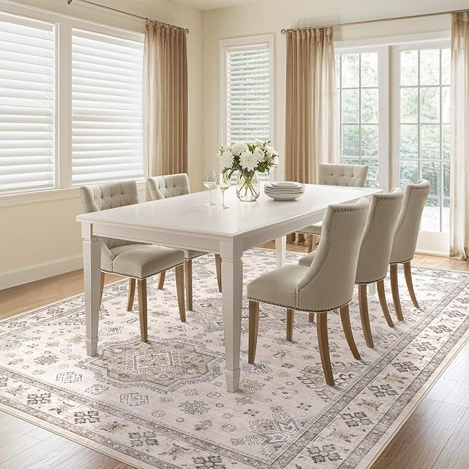 Washable Area Rugs for Living Room - 5x7 Neutral Vintage Distressed Floral Farmhouse Boho Large Soft Floor Rug Indoor Non Slip Carpet for Living Room Bedroom Dining Room Office - Beige Brown