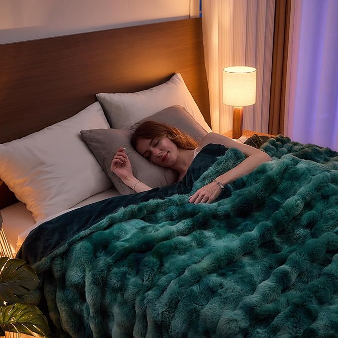 Lotus Karen Faux Fur Throw Blanket Tie-Dye Green - Big Bubble Rabbit Fluff Blanket for Couch, Large Fluffy Fuzzy Cozy Blanket,Thick Furry Plush Shaggy Blankets,90x90 Inches