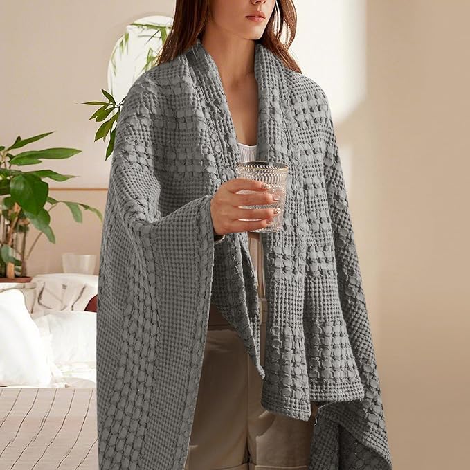 PHF 100% Cotton Waffle Weave Throw Blanket, Soft Lightweight Breathable Cozy Summer Throws for Couch Bed Sofa, Luxury Aesthetic Woven Blanket for Home Decor & Office, 50"x60", Dark Grey