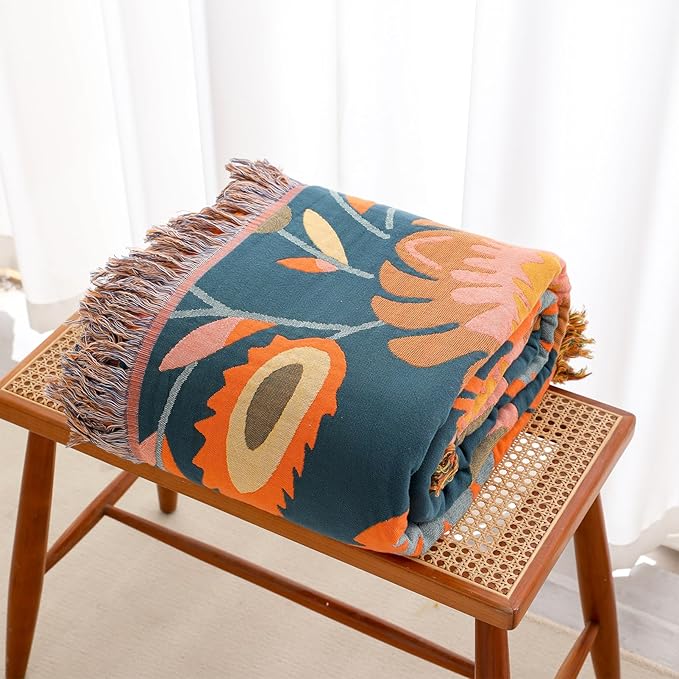 Snycler Boho Throw Blanket for Bed, 100% Organic Cotton Muslin Soft Throw-Orange Boho Floral Farmhouse Rustic Spring Summer Fall Decor Blanket for Couch Sofa Quilt and Gift, 80" x 90"