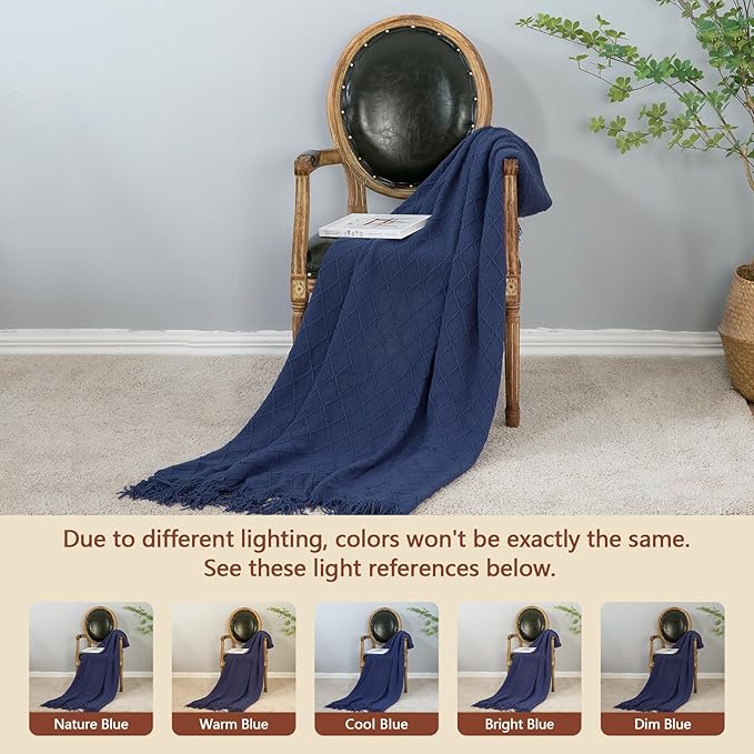 inhand Navy Blue Throw Blanket for Couch and Bed, Soft Living Room Home Decor Knitted Twin Size Blanket, Outdoor Lightweight Breathable Summer Blanket, Farmhouse Warm Woven Decorative, 60"x80"