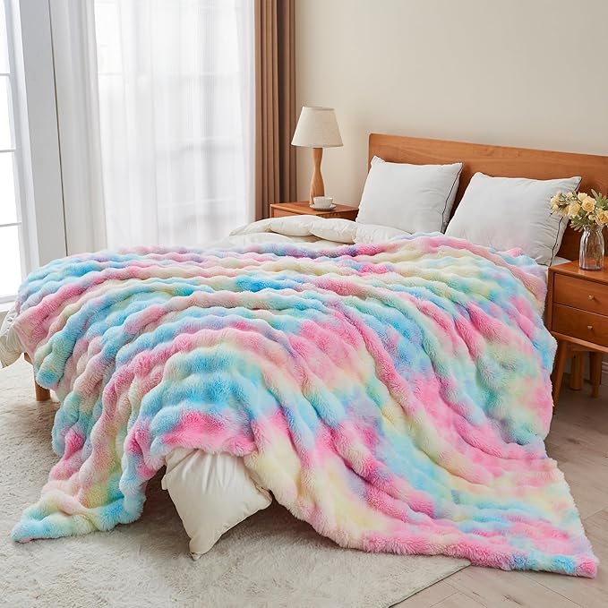RYNGHIPY Faux Fur Throw Blanket Tie Dye Colorful Rainbow Blanket for Couch Plush Fluffy Faux Rabbit Fur Decoration Blanket for Sofa Chair Bed (Rainbow, 51''x63'')