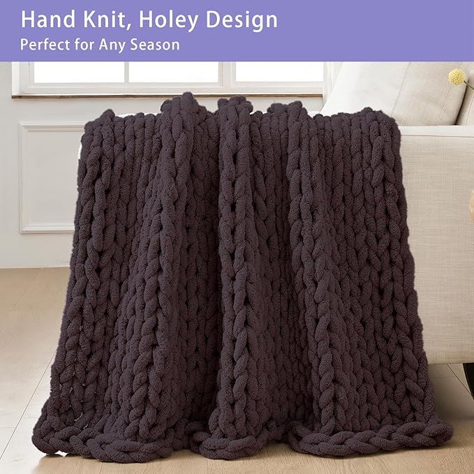 Bigacogo Chunky Knit Throw Blanket for Couch, 40x60 inches, 100% Hand Knitted with Thick Jumbo Chenille Yarn, Cozy Soft Large Rope Knot Cable Crochet Blankets for Sofa Bed Living Room, Chocolate