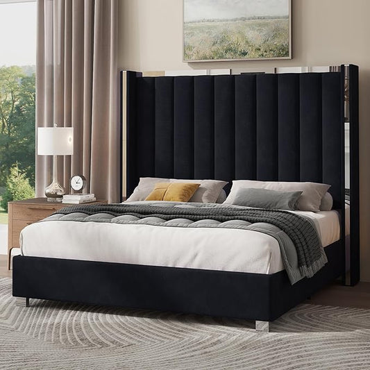 Jocisland King Size Bed Frame with 58" Tall Headboard, Velvet Upholstered Platform Bed with Channel Tufted Wingback Headboard and Plating Trim, No Box Spring Needed, Black
