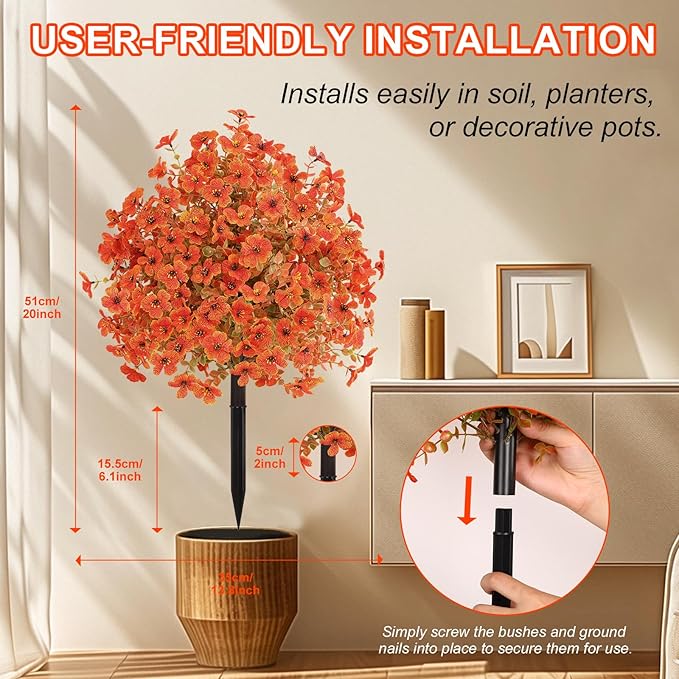 Set of 2 Artificial Fall Topiary Ball Flowers for Outdoor Decoration with Spike 20", UV Resistant Fake Autumn Floral Shrubs, Realistic Faux Bushes Plants for Garden,Yard,Porch and Patio Decor