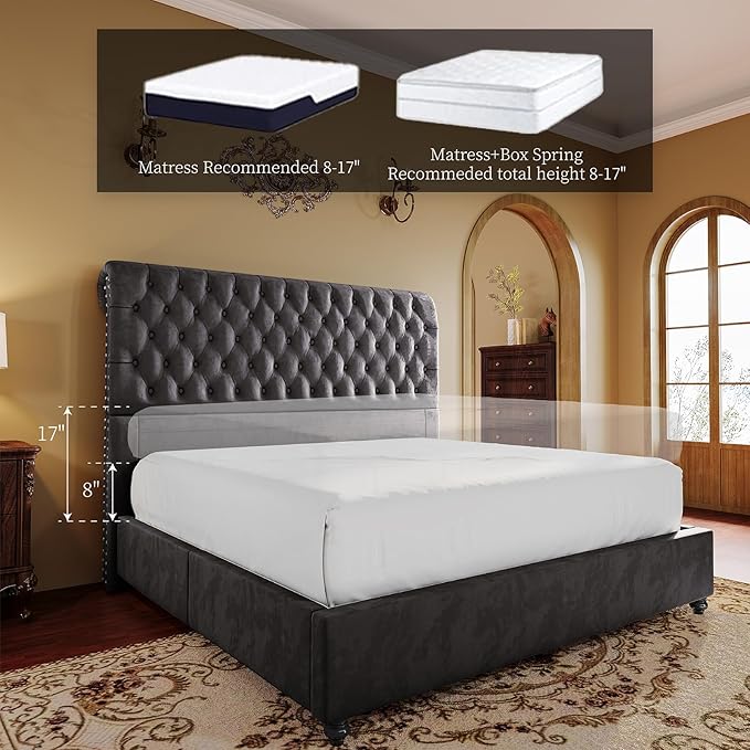 PaPaJet King Size Bed Frame and Headboard Upholstered Bed Frame King with 52.8” Tall Headboard/Dark Grey