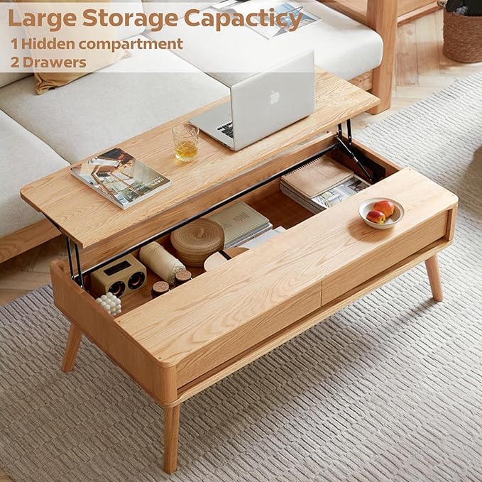 100% Solid Wood Lift Top Coffee Table for Living Room, Mid Century Modern Tables with Drawers and Large Storage, Oak Coffee Tables for Small Spaces (Oak Wood Log, 47.24" W x 23.62" D x 25.59" H)