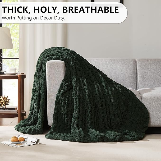 L'AGRATY Chunky Knit Blanket Throw - Soft Chunky Throw Blanket 40x50: 100% Hand Kintted Chenile Crochet Throw Blanket for Couch - Large Cable Knit Chunky Blanket for Home Decor(Olive Green)