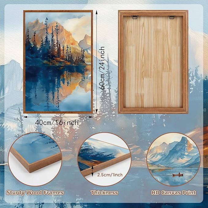 KAIRNE Framed Large Landscape Wall Art,Abstract Forest Prints Paintings,Watercolor Blue Mountain Lake Canvas,Nature Scenery Textured Artwork for Living Room Bedroom Home Office Gallery Decor,16”X24”