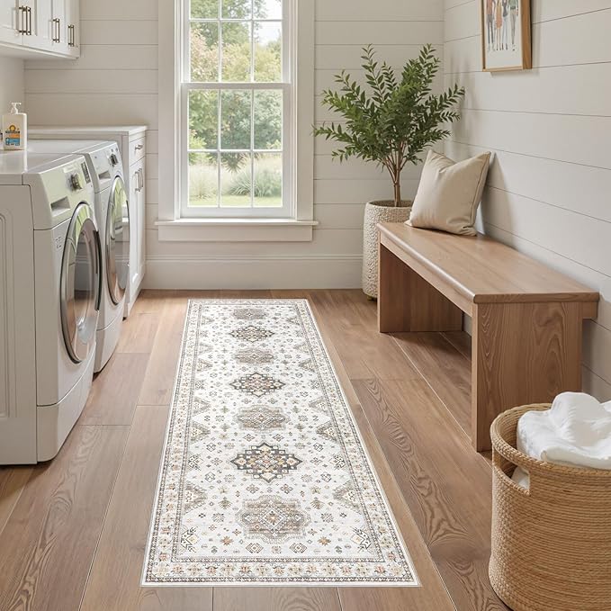 Washable 2x6 Runner Rug - Area Rugs Neutral Vintage Distressed Floral Farmhouse Boho Large Soft Floor Rug Indoor Carpet for Hallway Entryway Bedroom Kitchen - Blue Brown