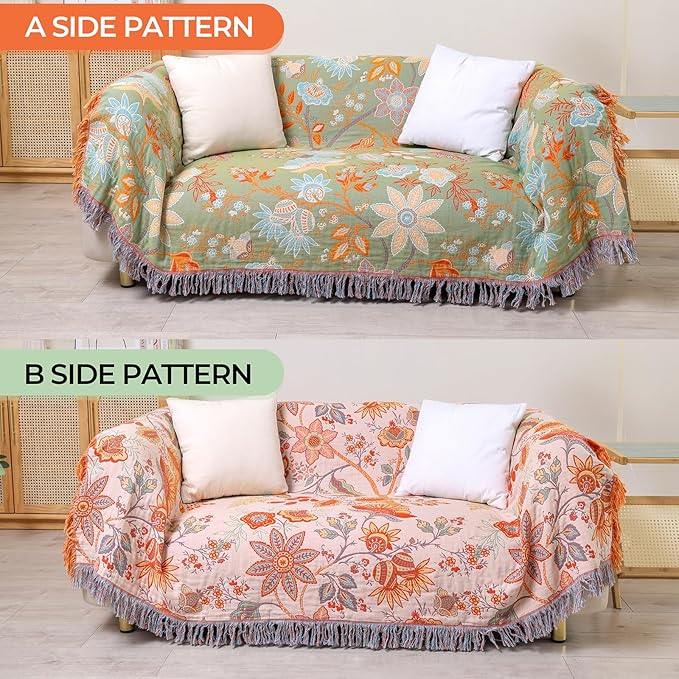 Boho Fall Throw Blanket for Bed，100% Ultra Cotton Soft Breathable Bed Throw Floral Printed Farmhouse Decor Rustic Bed Throws for Couch Sofa Quilt 60" x 80"-Orange& Sage Green