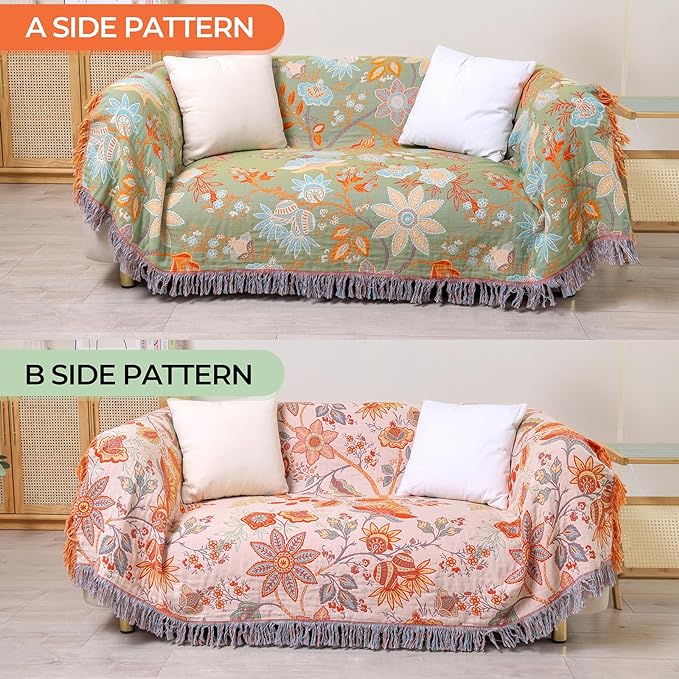 Boho Fall Throw Blanket for Bed，100% Ultra Cotton Soft Breathable Bed Throw Floral Printed Farmhouse Decor Rustic Bed Throws for Couch Sofa Quilt 90" x 98"-Orange& Sage Green