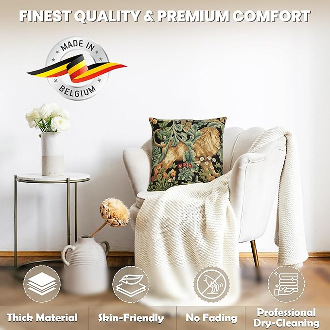 Charlotte Home Furnishings Throw Pillow Covers, Decorative Boho Pillow Covers for Couch, Living Room, Black Lion Square Cushion Cases 18x18 in, European Cotton Jacquard Woven for Cozy Bedroom Decor