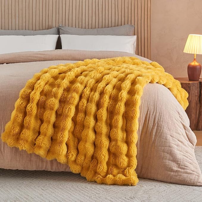 Lotus Karen Faux Fur Throw Blanket Ginger Yellow - Big Bubble Rabbit Fluff Blanket for Couch Bed Sofa,Softest Fluffy Fuzzy Cozy Blanket,Thick Furry Plush Shaggy Warm Blankets for Women,60x80 Inches