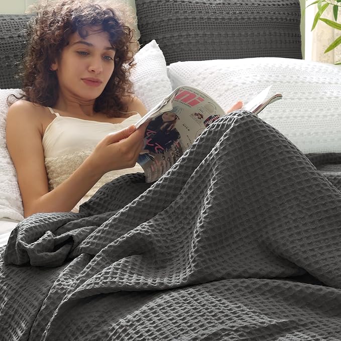 PHF Ultra Soft Waffle Weave Throw Blanket 50"x 60"- Washed Lightweight Breathable Cozy Woven Blanket for Bed - Aesthetic Decor for Couch Bedding Sofa Home Car - Grey