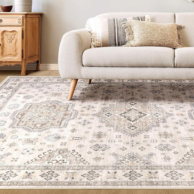 Washable Area Rugs for Living Room -10x14 Neutral Vintage Distressed Floral Farmhouse Boho Large Soft Floor Rug Indoor Non Slip Carpet for Living Room Bedroom Dining Room Office-Beige Brown