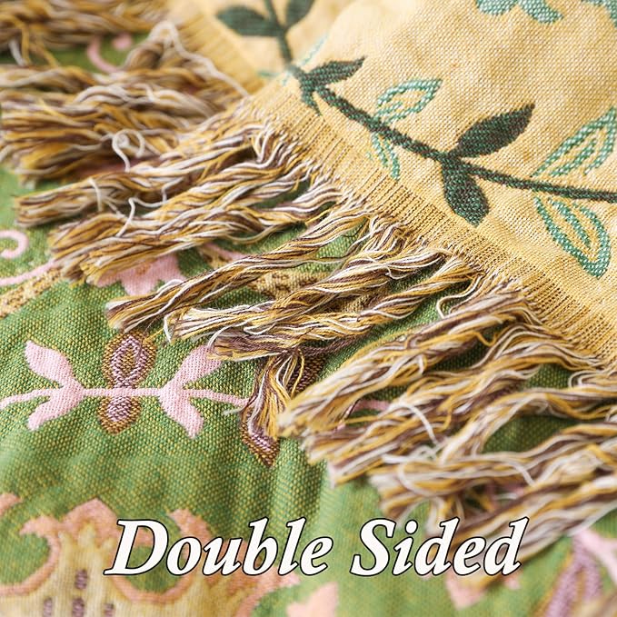 Snycler Boho Throw Blanket 60"x80" - 100% Cotton Ultra Soft Rustic Quilt, Green Floral Printed Farmhouse Decor for Bed, Sofa, Couch, Chair - All Season Cozy Blanket