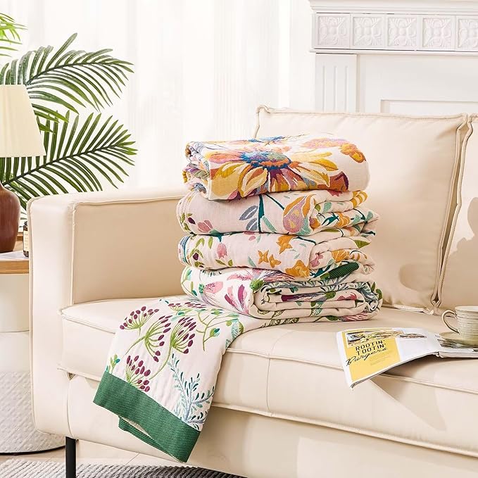 Boho Throw Blanket for Bed, 100% Cotton Soft Rustic Quilt Fall Blanket, 80" 90" Floral Printed Farmhouse Decor Bed Blankets, All Season Rustic Reversible Bohemian Throw Quilt