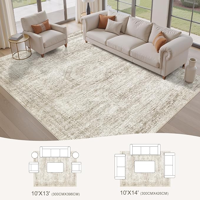 Washable Area Rugs for Living Room -10x14 Neutral Vintage Distressed Floral Farmhouse Boho Large Soft Floor Rug Indoor Non Slip Carpet for Living Room Bedroom Dining Room Office-Beige
