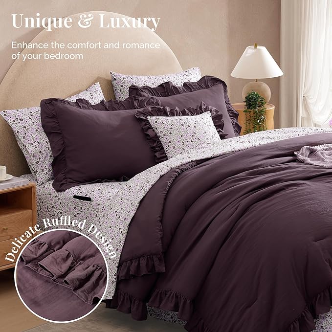 Queen Comforter Set - 7 Pieces Ruffle Purple Bedding Sets, Shabby Chic Farmhouse Bed in a Bag Queen with Ruffle Comforter, Floral Sheets, Pillowcases & Shams