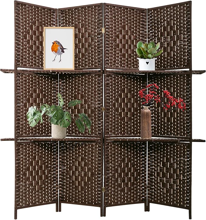 PayLessHere Room Divider 4 Panel Room Screen Divider Wooden Screen Folding Portable Partition Screen Wood with Removable Storage Shelves Color, Brown
