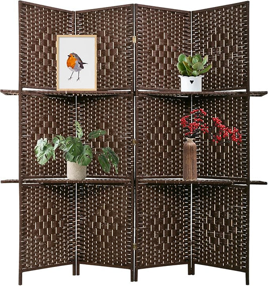 PayLessHere Room Divider 4 Panel Room Screen Divider Wooden Screen Folding Portable Partition Screen Wood with Removable Storage Shelves Color, Brown