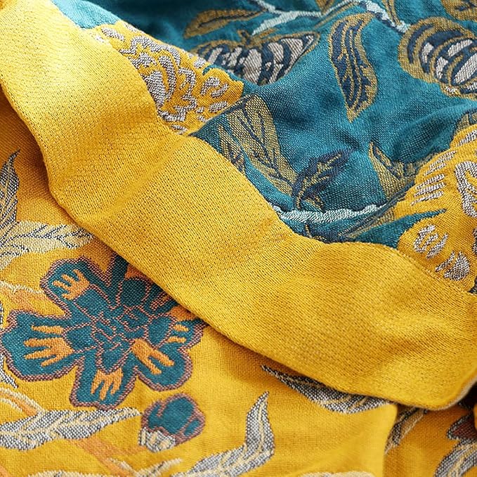Boho Muslin Blanket for Adults 4-Layer Gauze 80 x 90 Inches Soft Cozy 100% Cotton Summer Cooling Blanket Floral Decor for Sofa Bed Coverlet Both Sides (Flowr Branch Teal, 80 x 90 in)