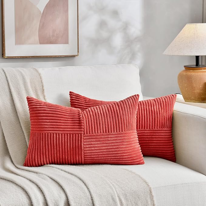 Fancy Homi 2 Packs Red Lumbar Decorative Throw Pillow Covers 12x20 Inch for Living Room Couch Bed Sofa, Holiday Christmas Home Decor Gift, Soft Striped Corduroy Rectangle Accent Cushion Case 30x50 cm