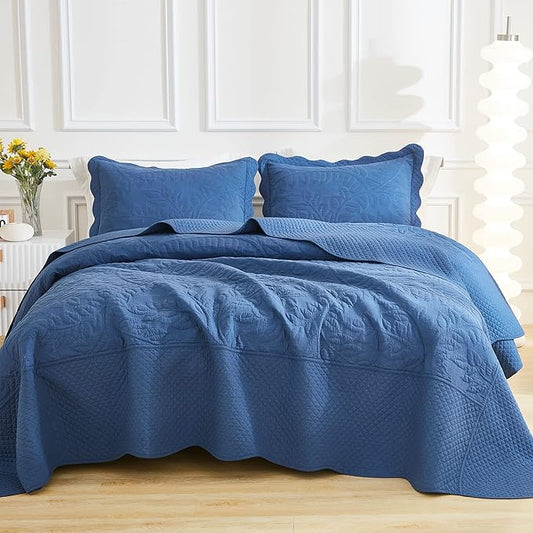 MarCielo 3-Piece 100% Cotton Oversized Bedspread Lightweight Quilt Coverlet Embroidery Farmhouse Bedding Set T0 (Midtone Blue, Oversized King (118"x106"))