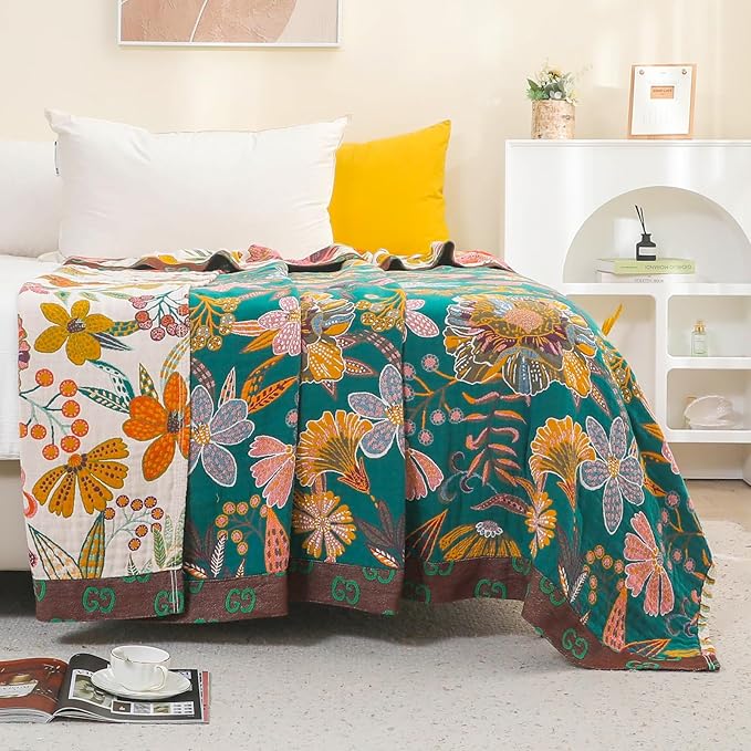 Premium Bed Throws- Boho Throw Blanket 80”x 90”,100% Cotton Ultra Soft Rustic Quilt Summer Blanket Travel Muslin Blanket Home Decor Large Bed Blankets All Season Throws for Women Mom
