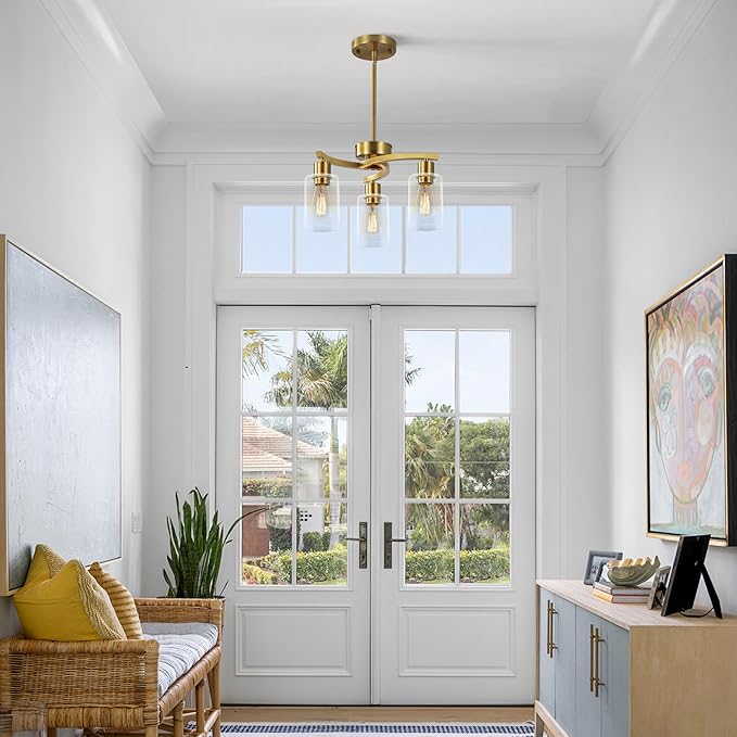 3-Light Gold Dining Room Chandeliers Over Table, Contemporary Kitchen Island Pendant Lighting, Industrial Hanging Light Fixture for Entryway Hallway Foyer Bedroom, Clear Glass Shade