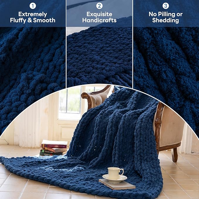 Chunky Knit Blanket - Luxury Soft Cozy 50 * 60 Throw Blanket,100% Woven Blanket Rope Knot Throw Blanket for Couch, Sofa, Home Decor, Gift - Machine Washable（Deep Blue）