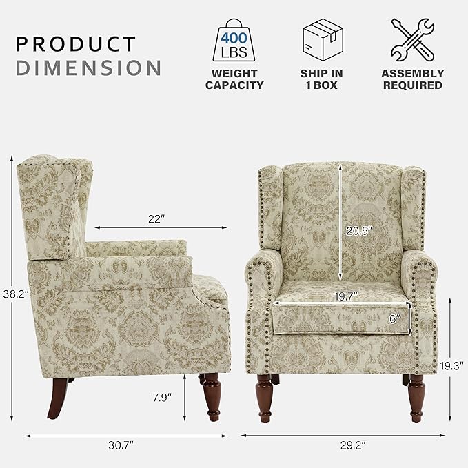 Lumibee Wingback Accent Chair, 2 Set High Back Floral Armchairs in Fabric,Comfy Upholstered Reading Single Sofa Chairs with Solid Wood Legs for Living Room,Bedroom,Office-White