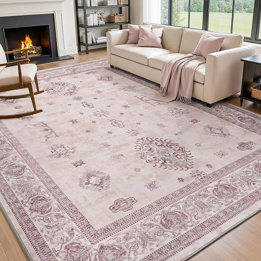 AMOAMI-Vintage Area Rug 8X10 Pink Rugs for Living Room-Soft Living Room Rug Non Slip Rugs for Bedroom Carpet Machine Washable Rug for Dining Room Bedside Office Room Decor