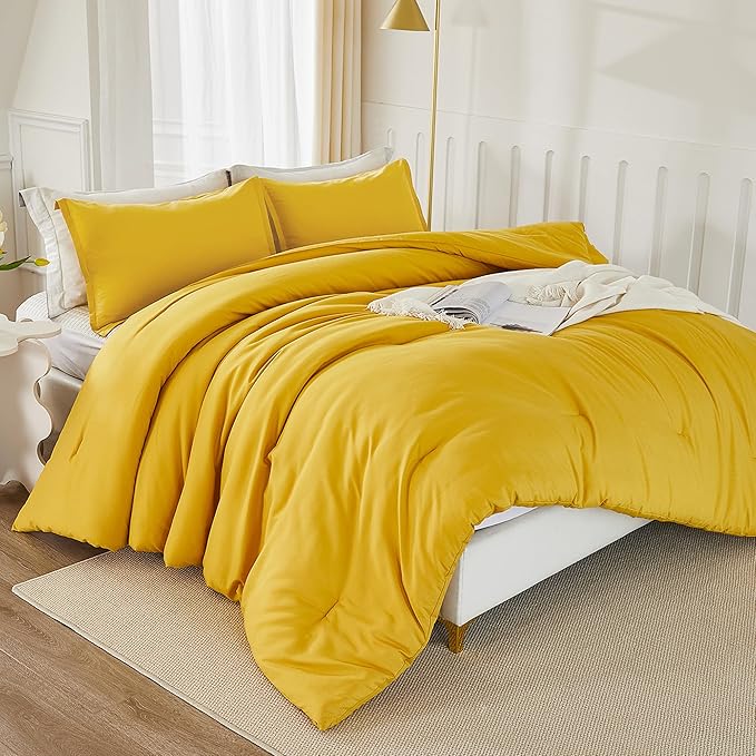 Litanika Mustard Yellow Comforter Set Queen Size, 3 Pieces Lightweight Solid Bedding Comforter Set, All Season Fluffy Bed Set (90x90In Comforter & 2 Pillowcases)