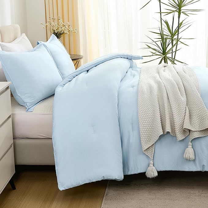 Litanika Comforters Light Blue King Size, 3 Pieces Lightweight Solid Bedding Comforter Set, All Season Fluffy Bed Set (104x90In Comforter & 2 Pillowcases)