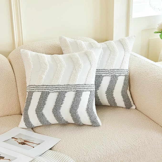 HOdo Home 18x18 Throw Pillow Covers, 2PCS Tufted Boho Jacquard Pillow Covers,Farmhouse Decorative Pillow Cover,Pillow Cases for Couch Sofa Bed Stylish Decor, Simple Textured Cushion Sham