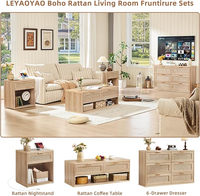 LEYAOYAO Boho Rattan Coffee Table Sets 2 Pieces, Nightstand with Charging Station and Coffee Table with Hidden Storage Compartment, Natural Living Room Table Set, Wood Furniture Sets for Home Office