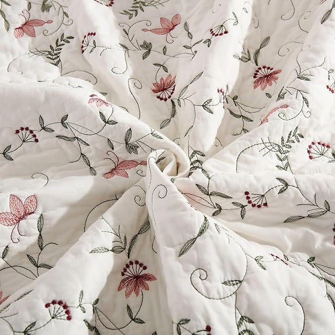 MarCielo 3-Piece 100% Cotton Oversized Bedspread Lightweight Quilt Coverlet Embroidery Farmhouse Bedding Set(TC Soft White,Oversized King (118"x106"))