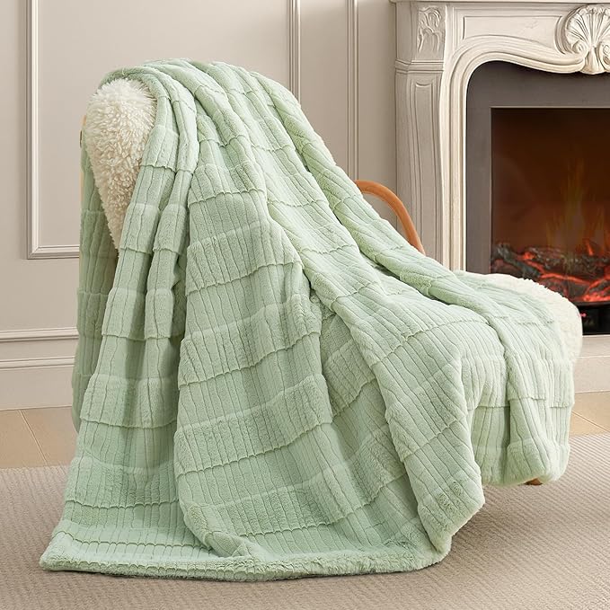 Amélie Home Luxury Striped Faux Fur Throw Blanket for Couch, Embossed Split Fur Cozy Fuzzy Fluffy Luxurious Soft Plush Sofa Chair Bed Gift Blankets for Women Men Wife Friend, 55"x70", Sage Green
