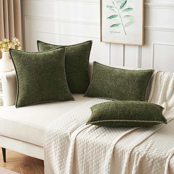 MIULEE Pack of 2 Couch Throw Pillow Covers 24x24 Inch Olive Green Farmhouse Decorative Pillow Covers with Stitched Edge Soft Chenille Solid Dyed Spring Pillow Covers for Sofa Bed Living Room