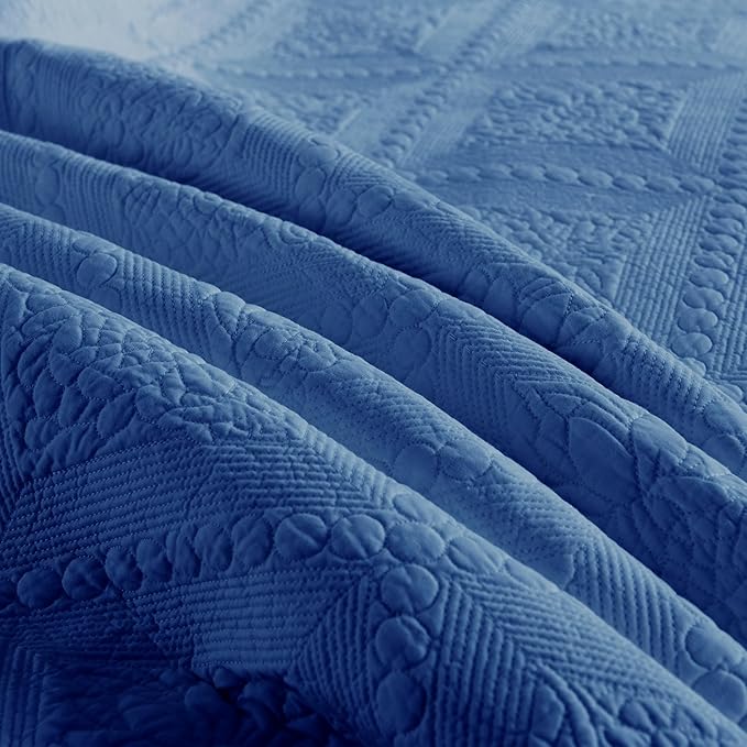 MarCielo 3-Piece 100% Cotton Oversized Bedspread Lightweight Quilt Coverlet Embroidery Farmhouse Bedding Set (Tk Midtone Blue, Oversized King (118"x106"))