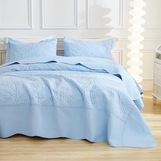 MarCielo 3-Piece 100% Cotton Oversized Bedspread Lightweight Quilt Coverlet Embroidery Farmhouse Bedding Set T0 (Light Blue, Twin (68"x86"))