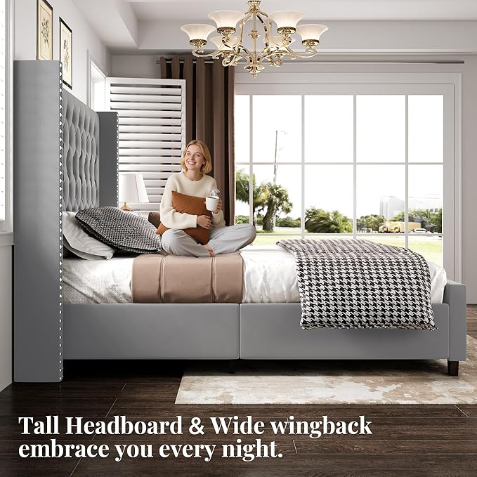 PaPaJet King Size Bed Frame with 61.4" Tall Headboard, Velvet Upholstered Platform and Handmade Deep Button Tufting, No Box Spring Required, Grey
