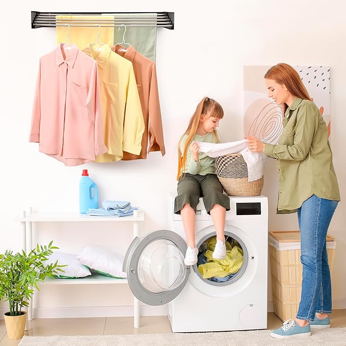 Wall Mounted Laundry Drying Rack, Retractable Clothes Drying Rack for Bathroom with Wall Template, 5 Stainless Rods Heaving 60 lb Capacity (Black, 31.5")