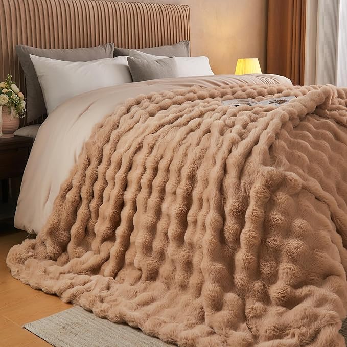 Lotus Karen King Size Faux Fur Blanket Khaki - Big Bubble Rabbit Fluff Blanket for Bed, Large Fluffy Fuzzy Cozy Blanket, Thick Furry Plush Shaggy Blankets, 108x90 Inches