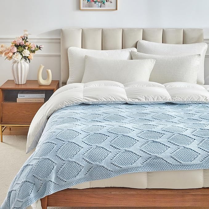 Longhui bedding Chunky Cotton Knit Throw Blanket for Couch, Sofa, Bed, or Chair, Decorative Breathable Fall Cable Knit Blanket 60 x 80 Inches, Light Blue